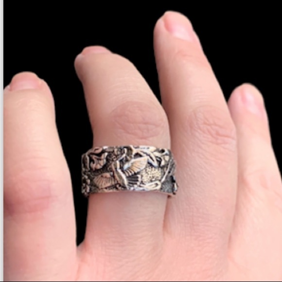 STERLING SILVER BOHO FLORAL AND HUMMINGBIRD RING - Picture 4 of 8